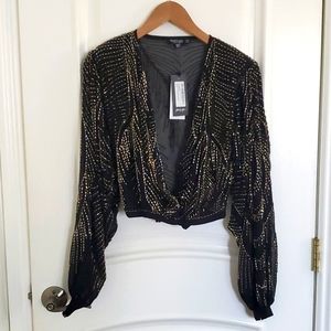 Black and Gold Batwing Sleeves Nasty Gal Beaded Top 4